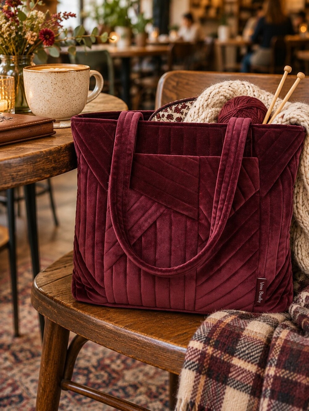 Vera Bradley Burgundy Velvet Quilted Tote Bag Shoulder Purse Floral Lining